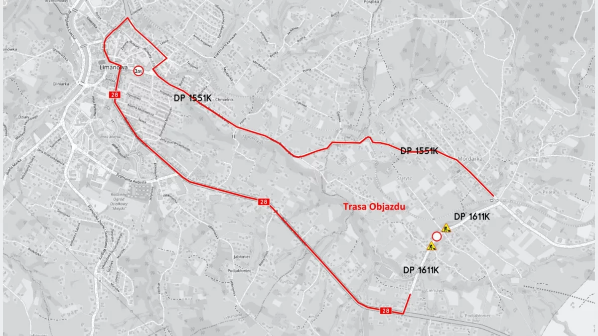 Mapa objazdu na czas zamknięcia drogi nr 1611K Cieniawa – Mordarka, prace są związane z modernizacją linii kolejowej nr 104 na odcinku D