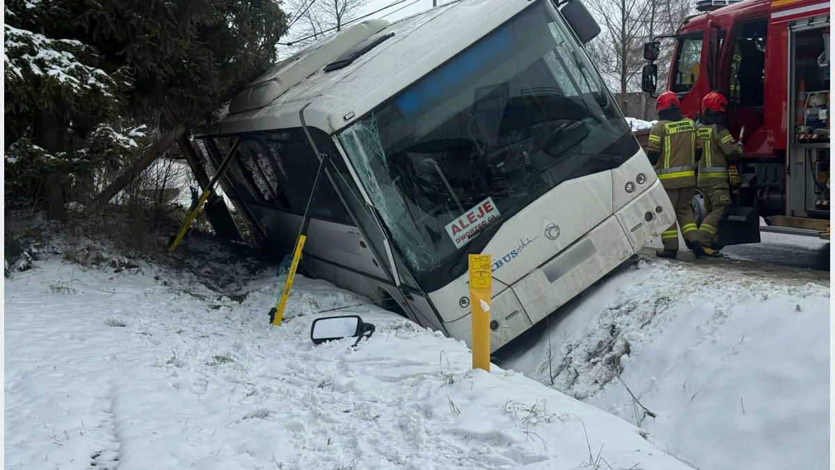 Strażacy zabezpieczający autobus, który wypadł z drogi powiatowej w Mordarce i wjechał do przydrożnego rowu.