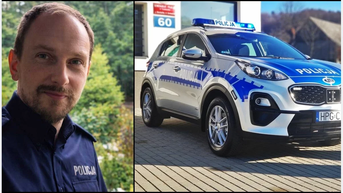 Portret policjanta w mundurze, starszego aspiranta Grzegorza Smagi, radiowóz Komisariatu Policji w Tymbarku