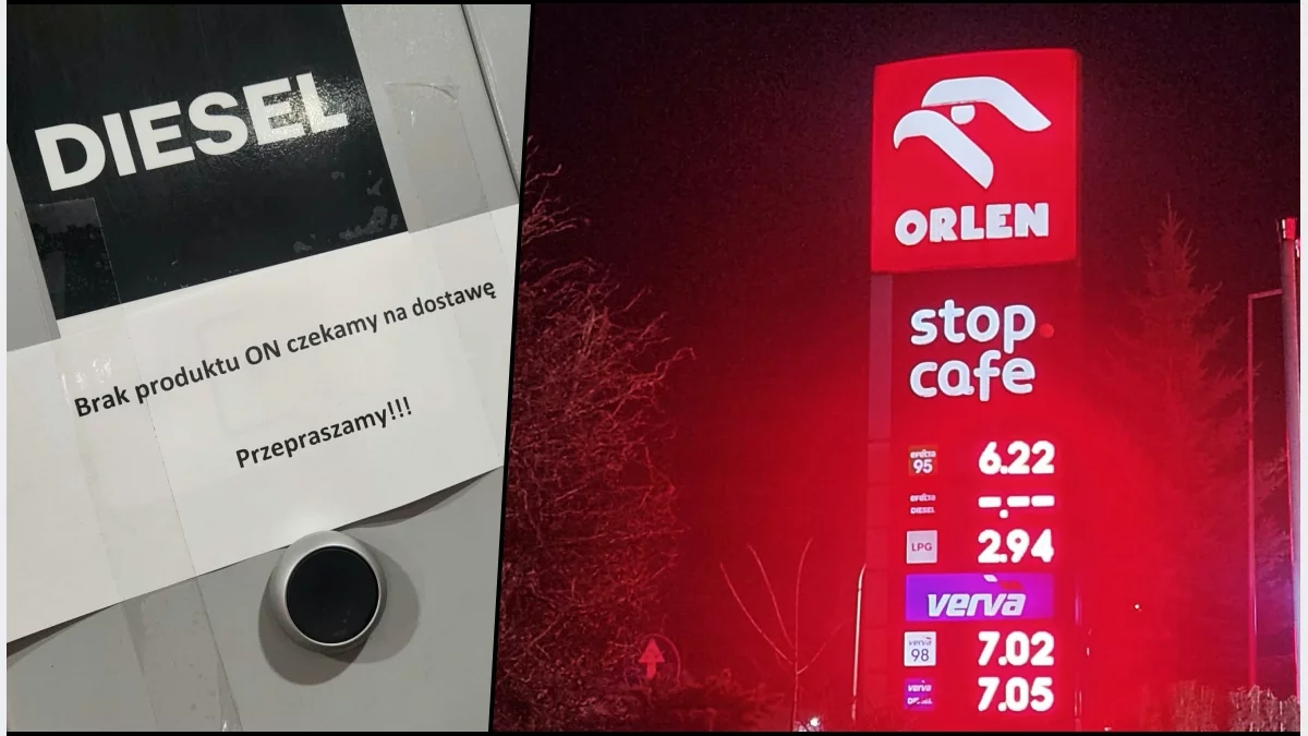 Pylon cenowy na stacji paliw w Limanowej z brakującą ceną diesla i wysoką ceną paliwa premium.