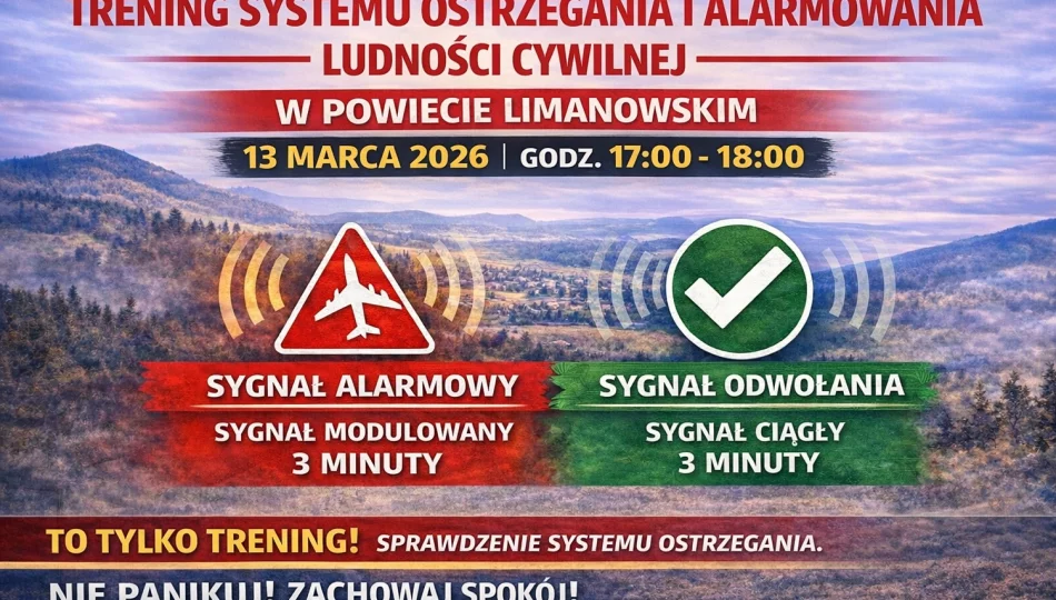 Trening systemu ostrzegania i alarmowania ludności cywilnej o zagrożeniach z powietrza w Powiecie Limanowskim - zdjęcie 1