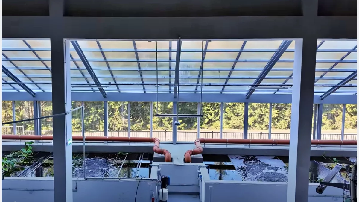 Budynek nowej oczyszczalni ścieków w Kamienicy z widoczną infrastrukturą technologiczną.