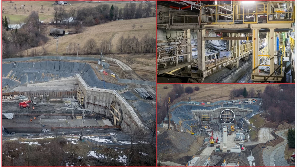 Głowica tnąca tarczy TBM Jadwiga podczas prac w tunelu kolejowym pod Pisarzową.