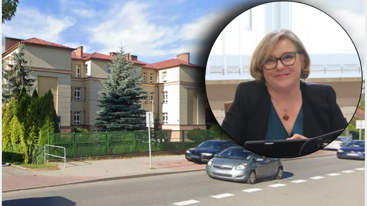 Budynek Szkoły Podstawowej nr 2 w Limanowej przy drodze krajowej nr 28 i radna Dorota Wójtowicz