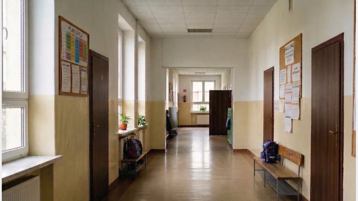 Korytarz w szkole podstawowej w powiecie limanowskim