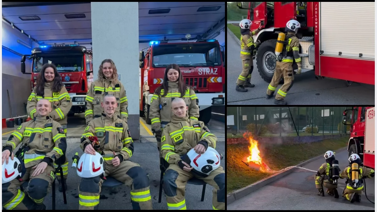 Strażacy z OSP Jodłownik podczas symbolicznej akcji gaśniczej w ramach challenge'u „Gasimy Raka”.