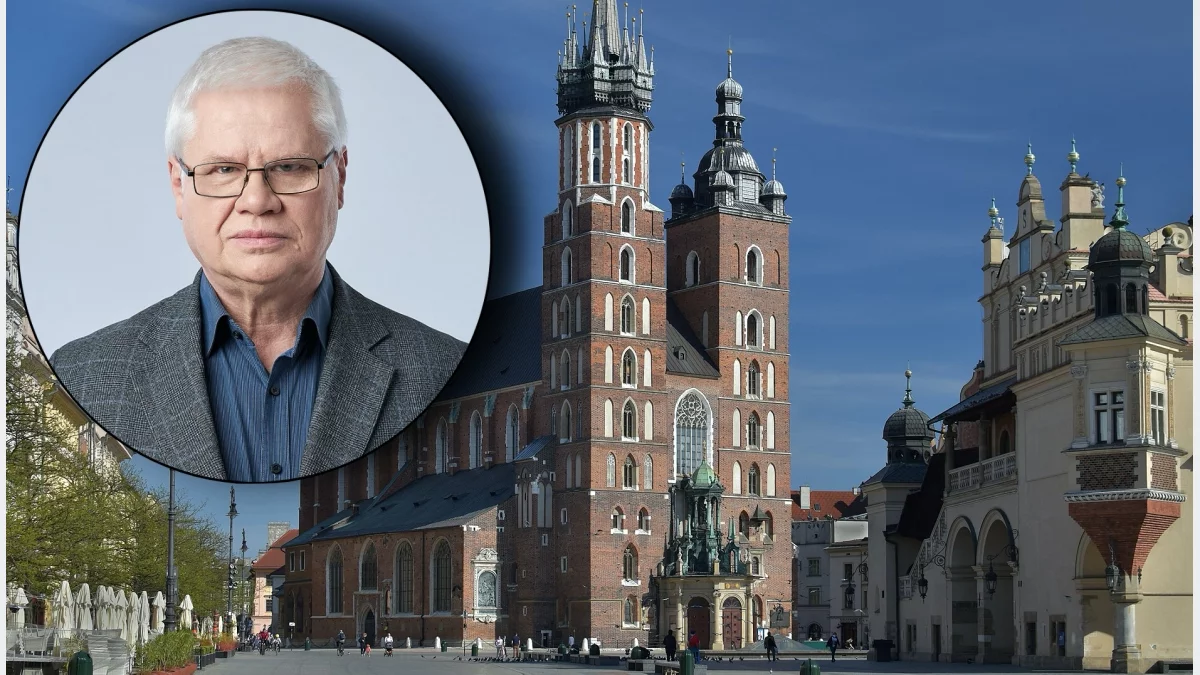 Portret prof. Jerzego Hausnera, przewodniczącego komisji na tle Bazyliki Mariackiej.