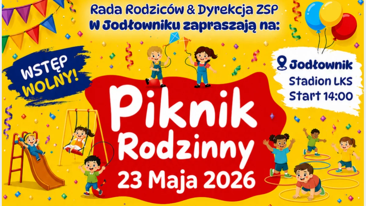 Plakat informacyjny Pikniku Rodzinnego w Jodłowniku z harmonogramem wydarzenia