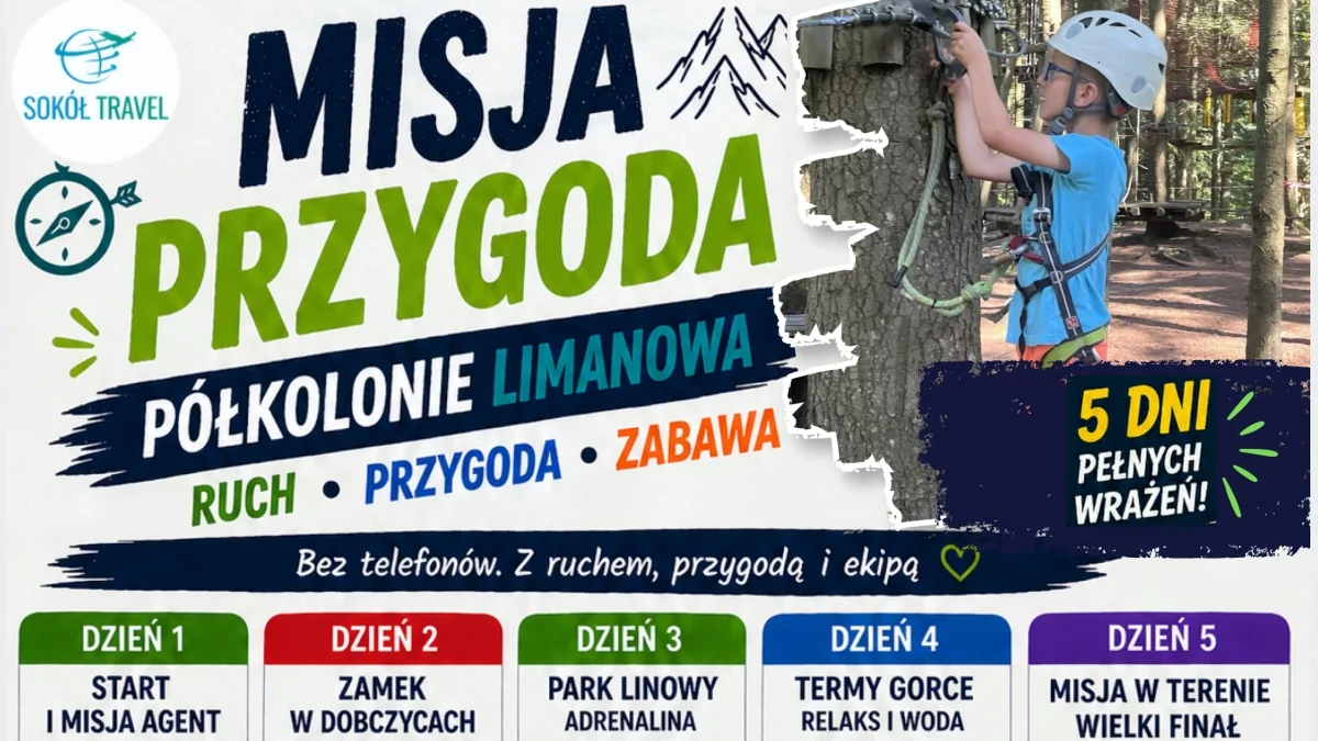 Plakat promocyjny półkolonii letnich „Misja Przygoda” w Limanowej