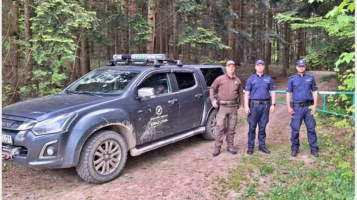 Wspólny patrol policji i straży leśnej na drodze w lesie