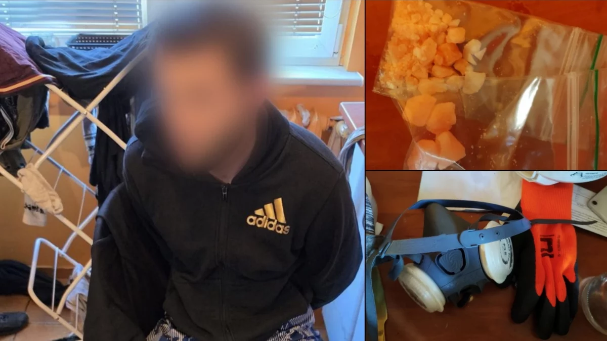 Podejrzany 32-latek i zabezpieczone substancje chemiczne oraz akcesoria do produkcji amfetaminy