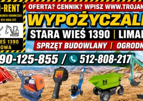 Wypożyczalnia sprzętu LIMANOWA/STARA WIEŚ - MINIKOPARKA 2T, WOZIDLO 500KG, ZAGĘSZCZARKI, ZACIERACZKA, TERMOWIZJA , SZLIFIERKA DO BETONU, RĘBAK  wiele więcej - Zdjęcie główne