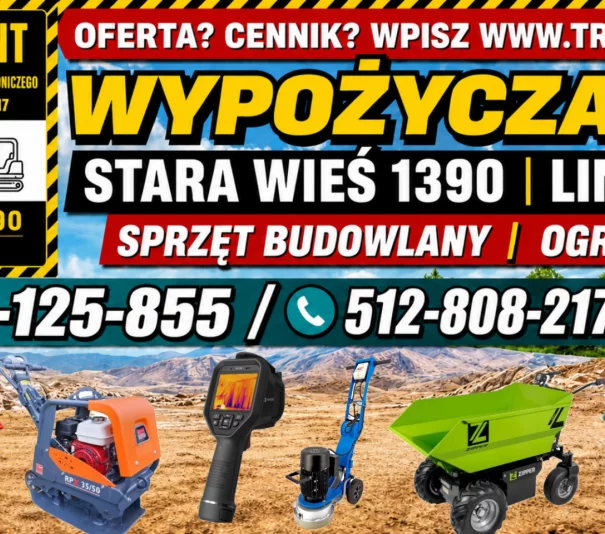 Wypożyczalnia sprzętu LIMANOWA/STARA WIEŚ - MINIKOPARKA 2T, WOZIDLO 500KG, ZAGĘSZCZARKI, ZACIERACZKA, TERMOWIZJA , SZLIFIERKA DO BETONU, RĘBAK  wiele więcej - Zdjęcie główne